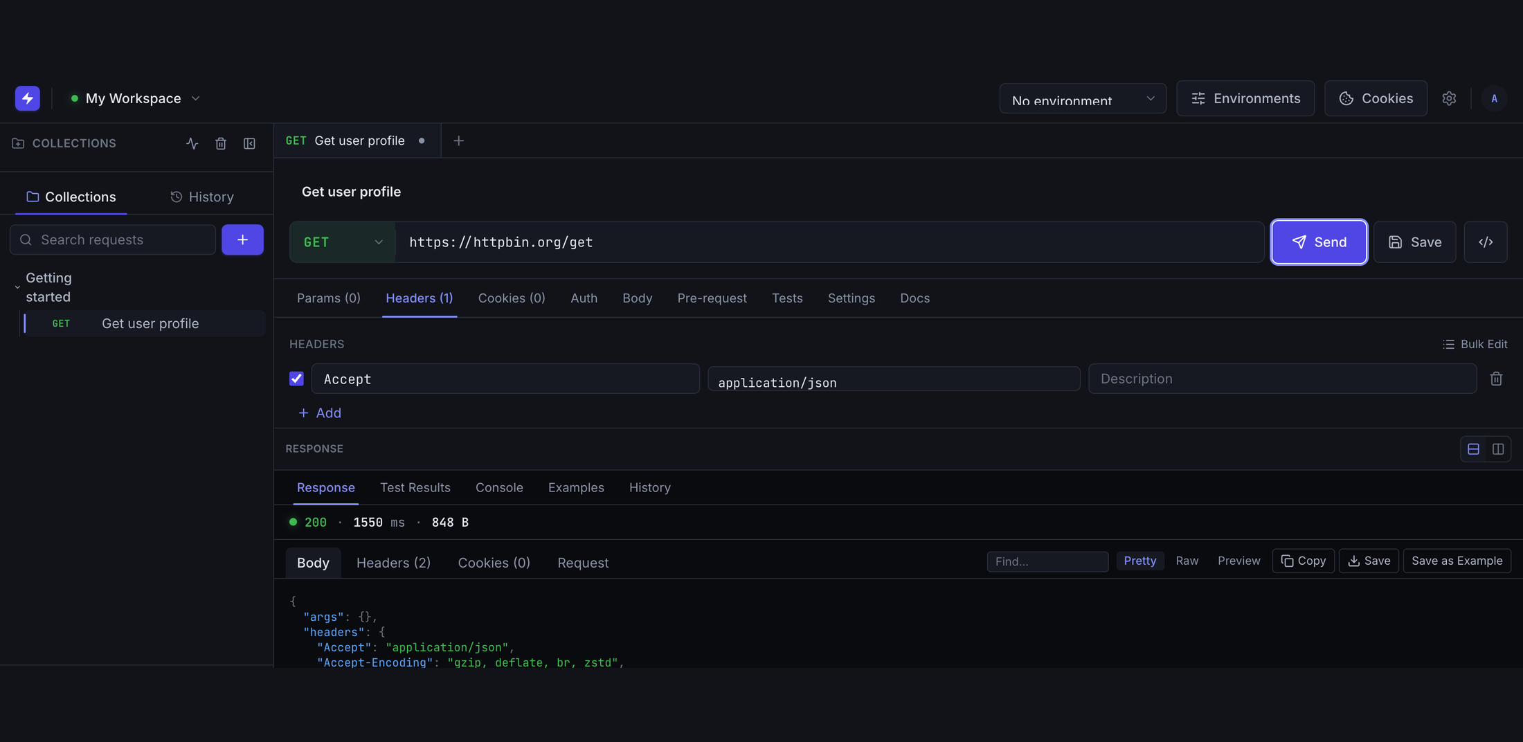 The HTTP Titan request builder showing a GET request to httpbin.org with a live 200 JSON response